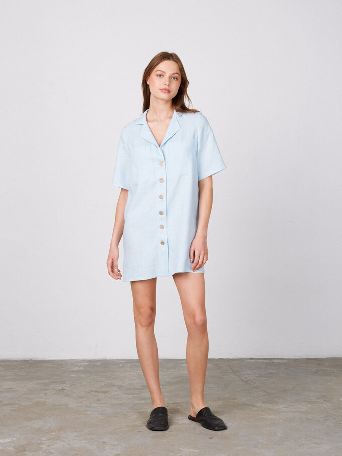 Image 3 of IDA Short Sleeve Linen Shirt Dress in Baby Blue from ALBERALKIRK