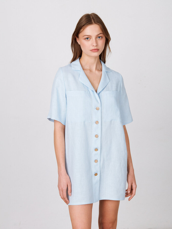 Image 4 of IDA Short Sleeve Linen Shirt Dress in Baby Blue from ALBERALKIRK