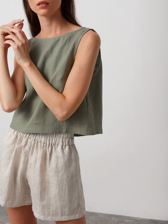 Image 1 of ISLA High Waisted Linen Shorts in Beige White Stripes from ALBERALKIRK