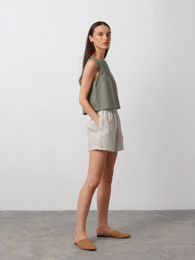 Image 3 of ISLA High Waisted Linen Shorts in Beige White Stripes from ALBERALKIRK