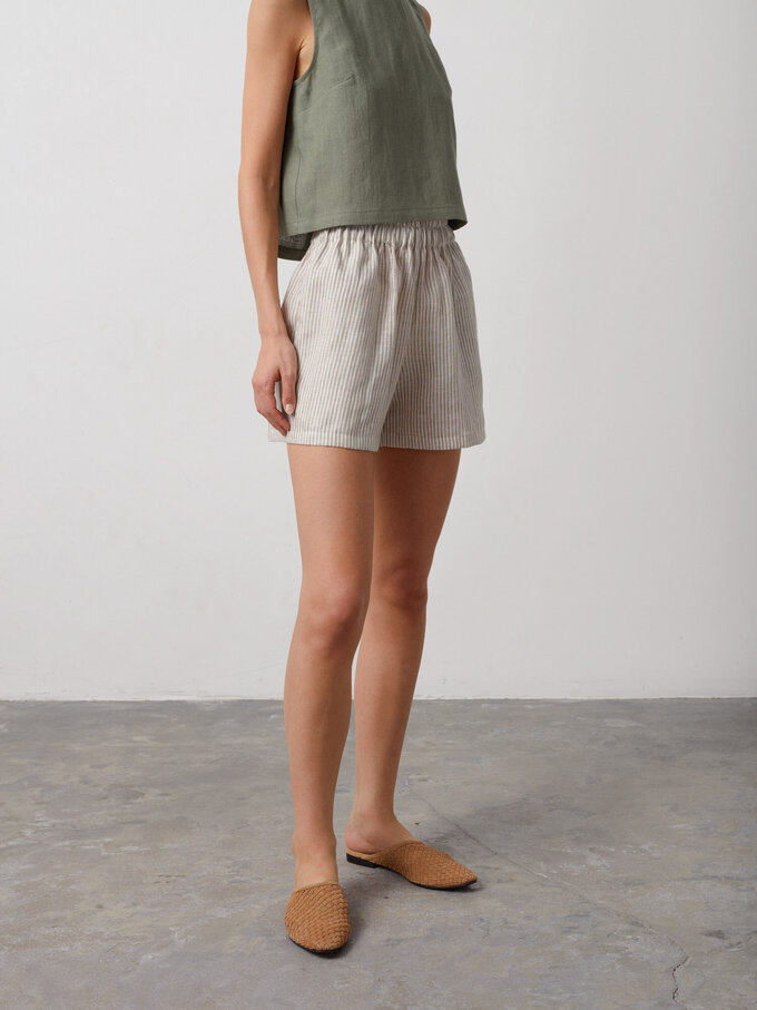 Image 4 of ISLA High Waisted Linen Shorts in Beige White Stripes from ALBERALKIRK