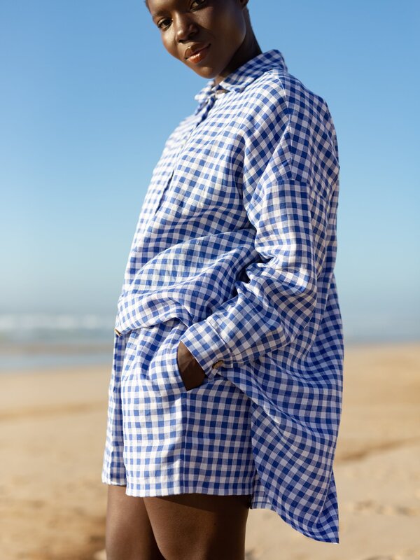 Image 1 of ISLA High-Waisted Linen Shorts in Gingham Blue from ALBERALKIRK