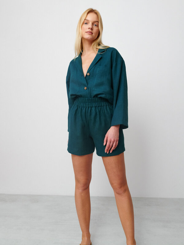 Image 1 of ISLA High Waisted Linen Shorts in Emerald Blue from ALBERALKIRK