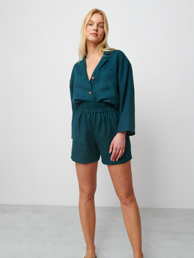 Image 1 of ISLA High Waisted Linen Shorts in Emerald Blue from ALBERALKIRK