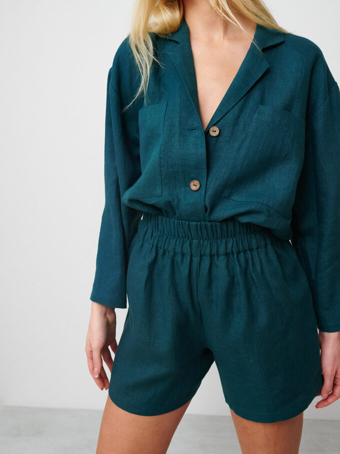Image 2 of ISLA High Waisted Linen Shorts in Emerald Blue from ALBERALKIRK