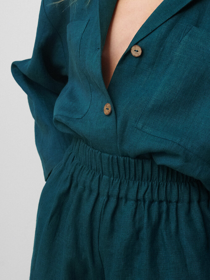 Image 4 of ISLA High Waisted Linen Shorts in Emerald Blue from ALBERALKIRK
