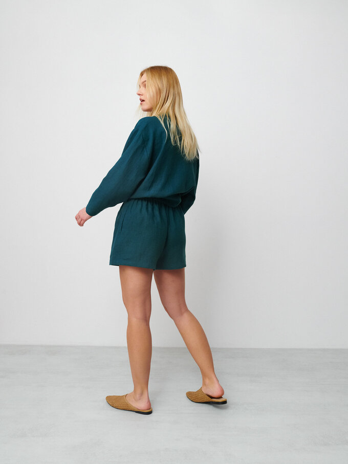 Image 5 of ISLA High Waisted Linen Shorts in Emerald Blue from ALBERALKIRK
