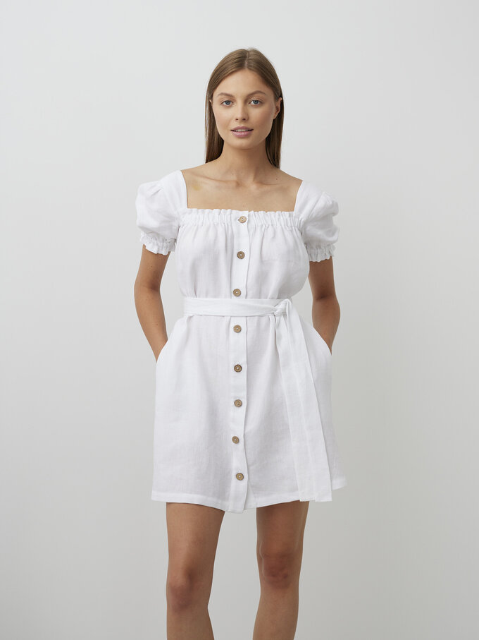 Image 1 of JULY Button Down Linen Mini Dress in White from ALBERALKIRK