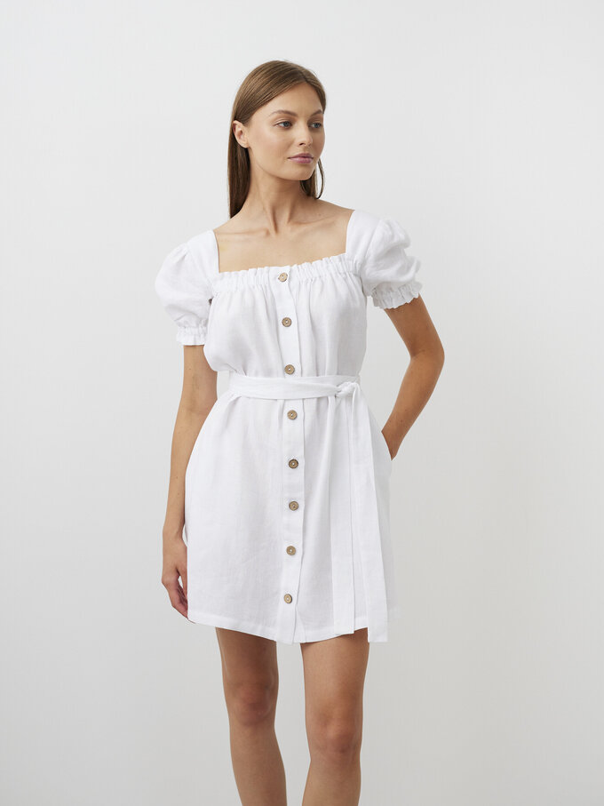 Image 4 of JULY Button Down Linen Mini Dress in White from ALBERALKIRK