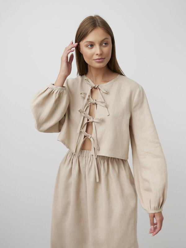Image 1 of KOA Tie Front Cropped Linen Top in Beige from Love and Confuse