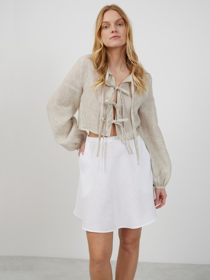 Image 1 of KOA Tie Front Linen Top in Beige White Stripes from ALBERALKIRK