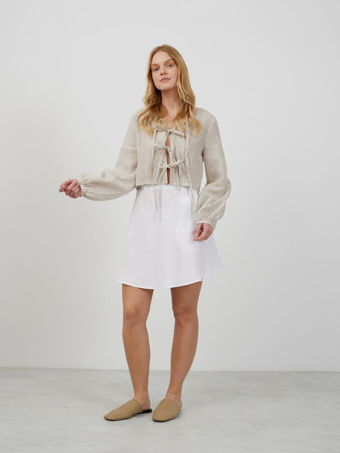 Image 2 of KOA Tie Front Linen Top in Beige White Stripes from ALBERALKIRK