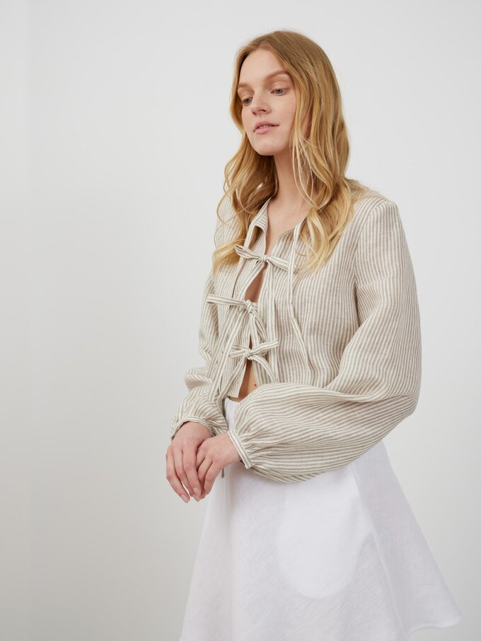 Image 3 of KOA Tie Front Linen Top in Beige White Stripes from ALBERALKIRK