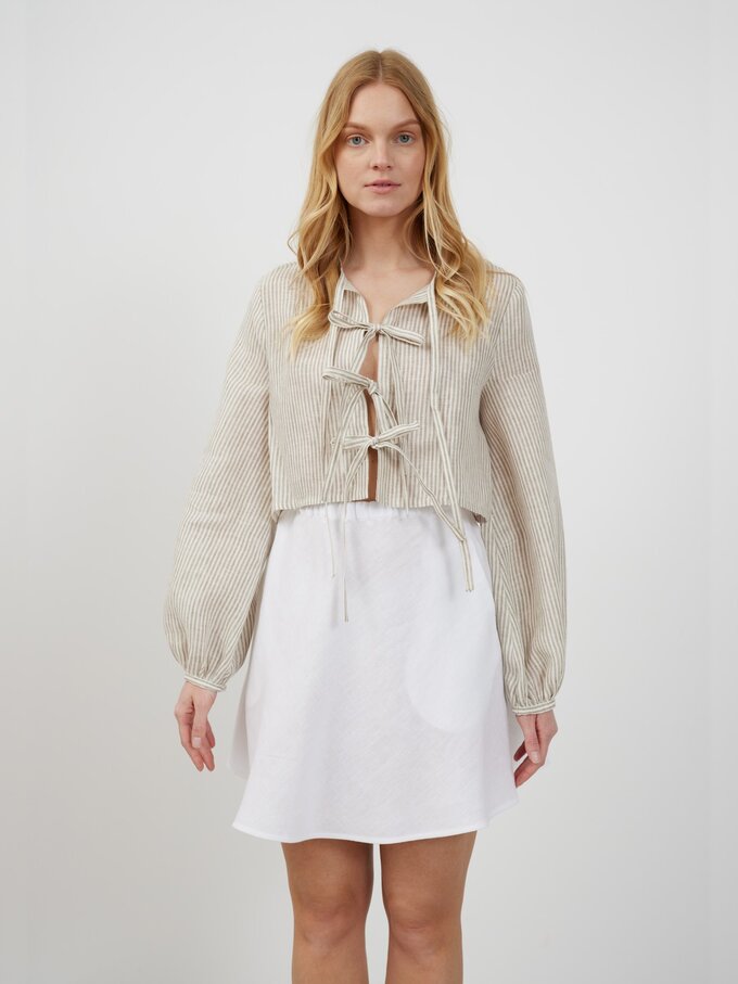 Image 4 of KOA Tie Front Linen Top in Beige White Stripes from ALBERALKIRK