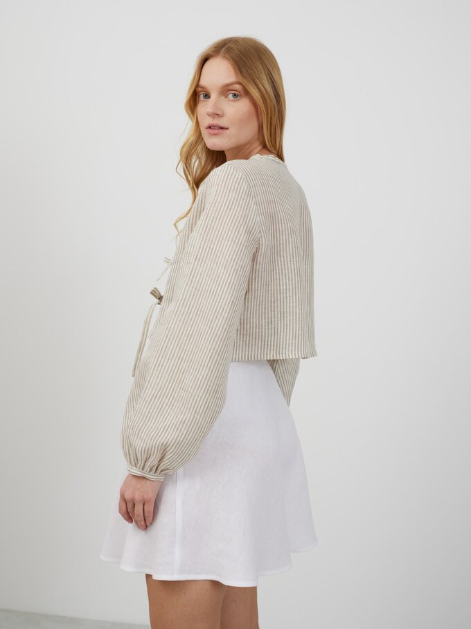 Image 5 of KOA Tie Front Linen Top in Beige White Stripes from ALBERALKIRK