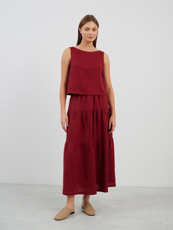 Image 1 of LILA Tiered Maxi Linen Skirt in Cherry Red from ALBERALKIRK