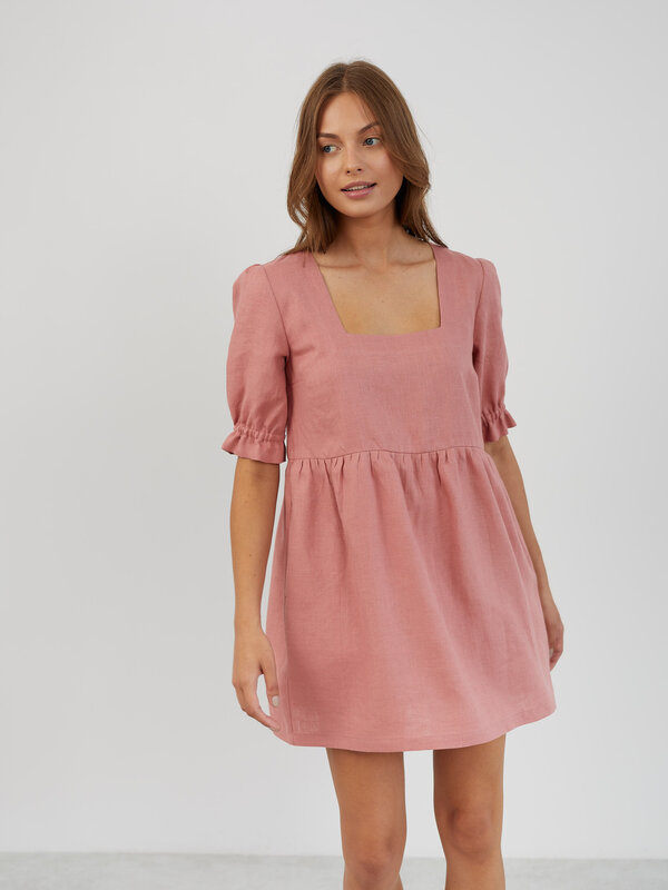 Image 1 of Linen Babydoll Mini Dress in Salmon Pink FIONA from ALBERALKIRK | Handmade Linen Clothing for Women