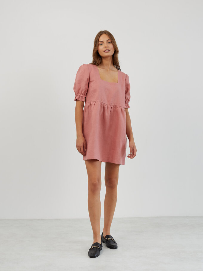Image 2 of Linen Babydoll Mini Dress in Salmon Pink FIONA from ALBERALKIRK | Handmade Linen Clothing for Women