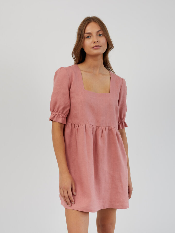 Image 4 of Linen Babydoll Mini Dress in Salmon Pink FIONA from ALBERALKIRK | Handmade Linen Clothing for Women