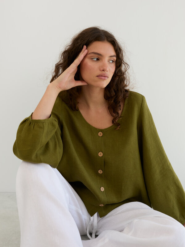 Image 1 of Linen Balloon Sleeve Button Up Blouse in Moss Green DAISY from ALBERALKIRK | Handmade Linen Clothing for Women