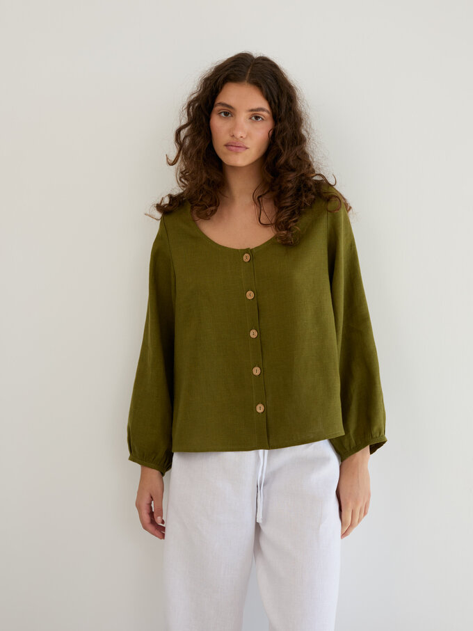 Image 2 of Linen Balloon Sleeve Button Up Blouse in Moss Green DAISY from ALBERALKIRK | Handmade Linen Clothing for Women