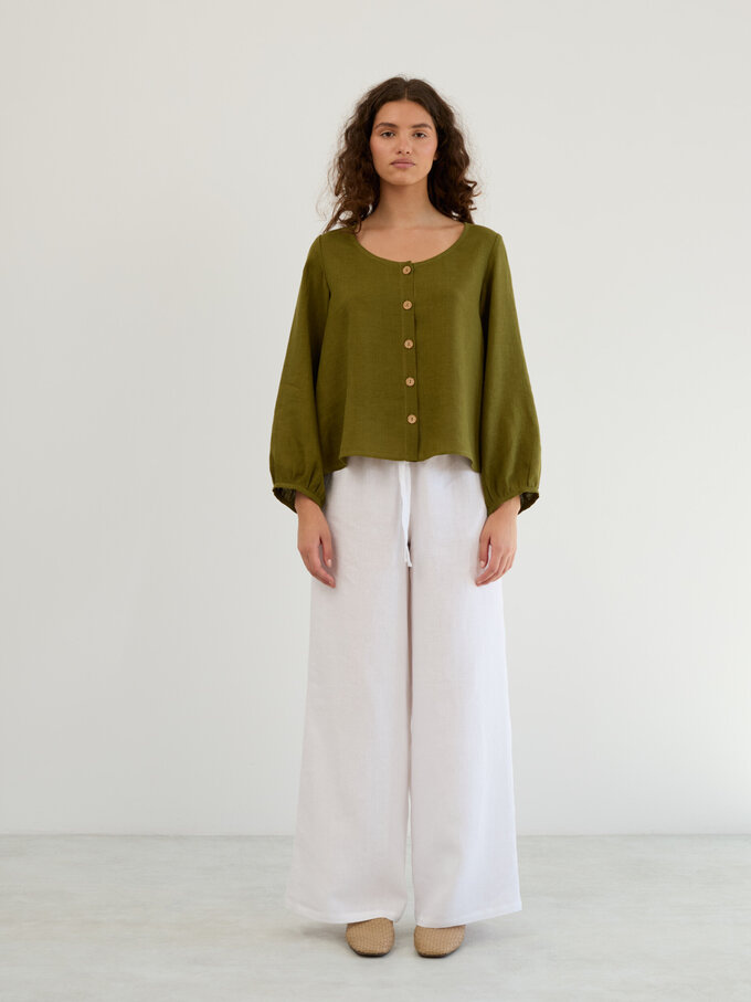 Image 3 of Linen Balloon Sleeve Button Up Blouse in Moss Green DAISY from ALBERALKIRK | Handmade Linen Clothing for Women