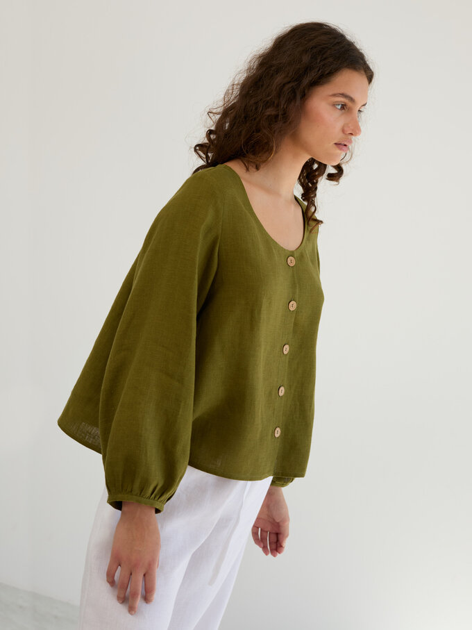 Image 4 of Linen Balloon Sleeve Button Up Blouse in Moss Green DAISY from ALBERALKIRK | Handmade Linen Clothing for Women