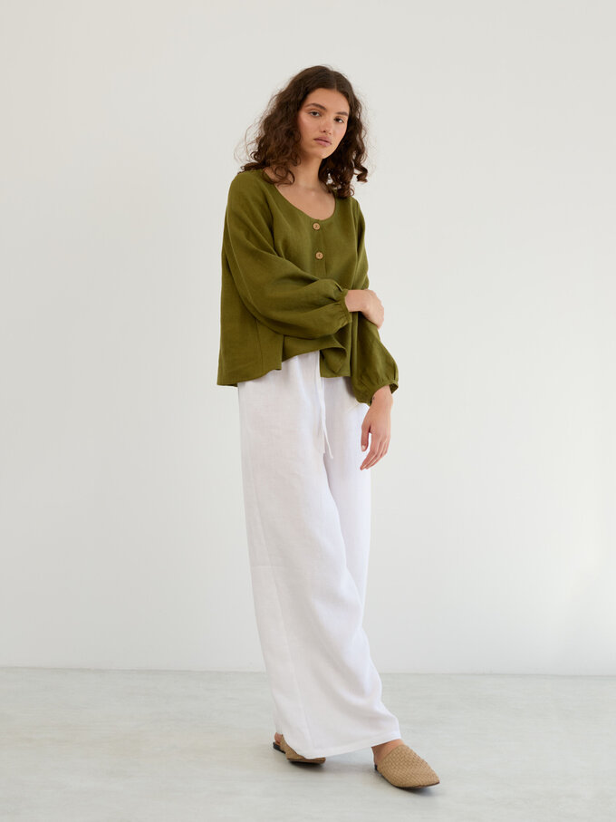 Image 5 of Linen Balloon Sleeve Button Up Blouse in Moss Green DAISY from ALBERALKIRK | Handmade Linen Clothing for Women