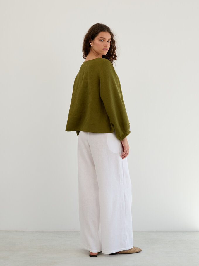 Image 6 of Linen Balloon Sleeve Button Up Blouse in Moss Green DAISY from ALBERALKIRK | Handmade Linen Clothing for Women