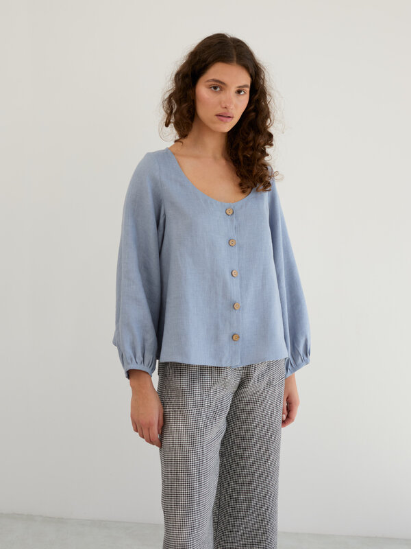 Image 1 of Linen Balloon Sleeve Button Up Blouse in Vista Blue DAISY from ALBERALKIRK | Handmade Linen Clothing for Women