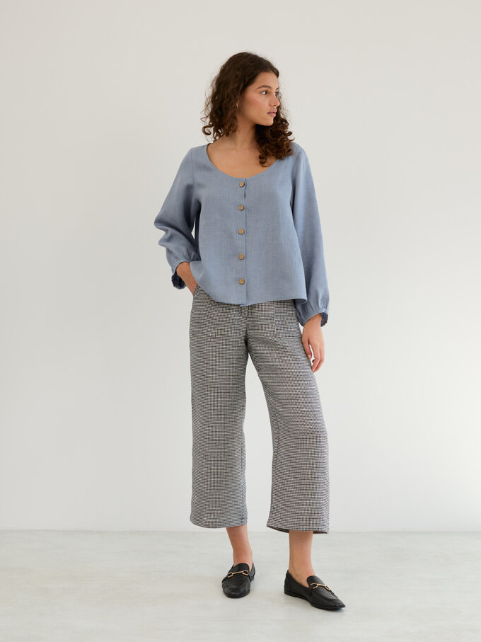 Image 2 of Linen Balloon Sleeve Button Up Blouse in Vista Blue DAISY from ALBERALKIRK | Handmade Linen Clothing for Women