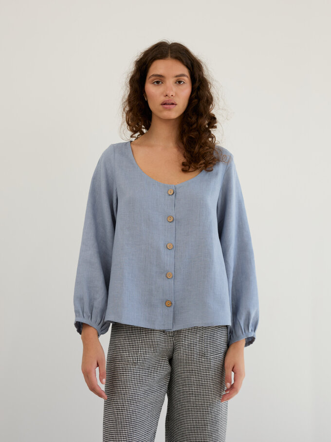 Image 3 of Linen Balloon Sleeve Button Up Blouse in Vista Blue DAISY from ALBERALKIRK | Handmade Linen Clothing for Women