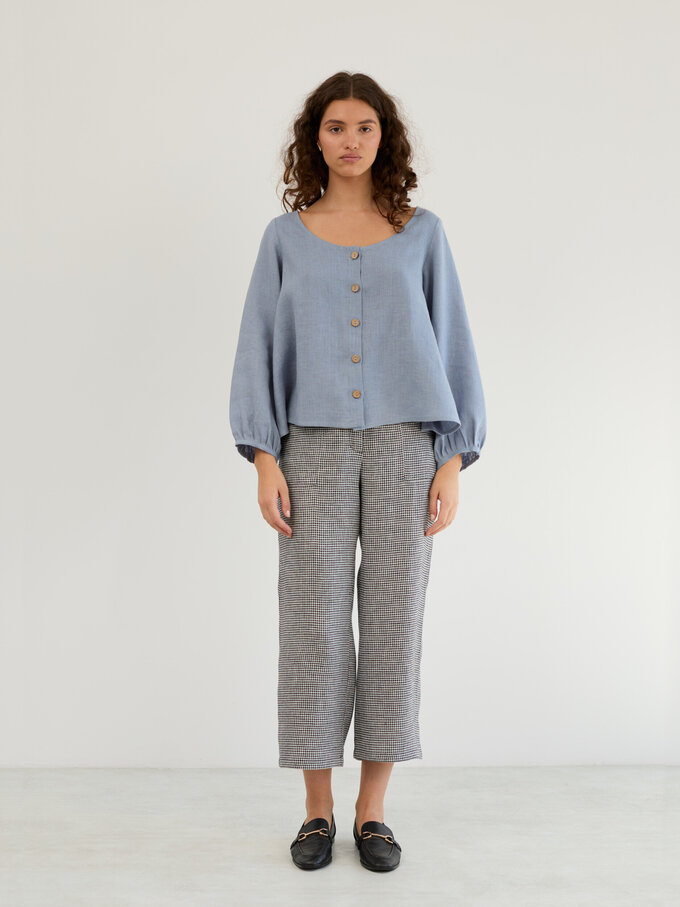Image 4 of Linen Balloon Sleeve Button Up Blouse in Vista Blue DAISY from ALBERALKIRK | Handmade Linen Clothing for Women