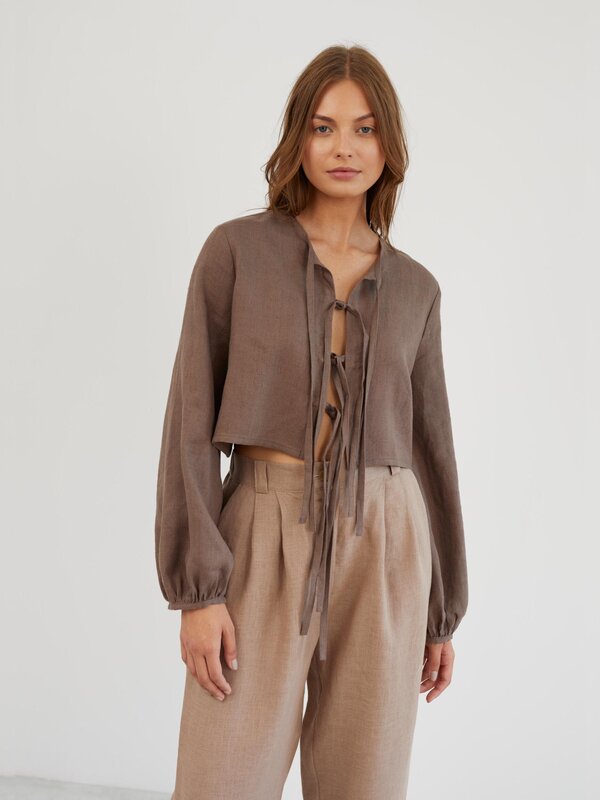 Image 1 of Long Sleeve Tie Front Linen Blouse in Cocoa KOA from ALBERALKIRK | Handmade Linen Clothing for Women