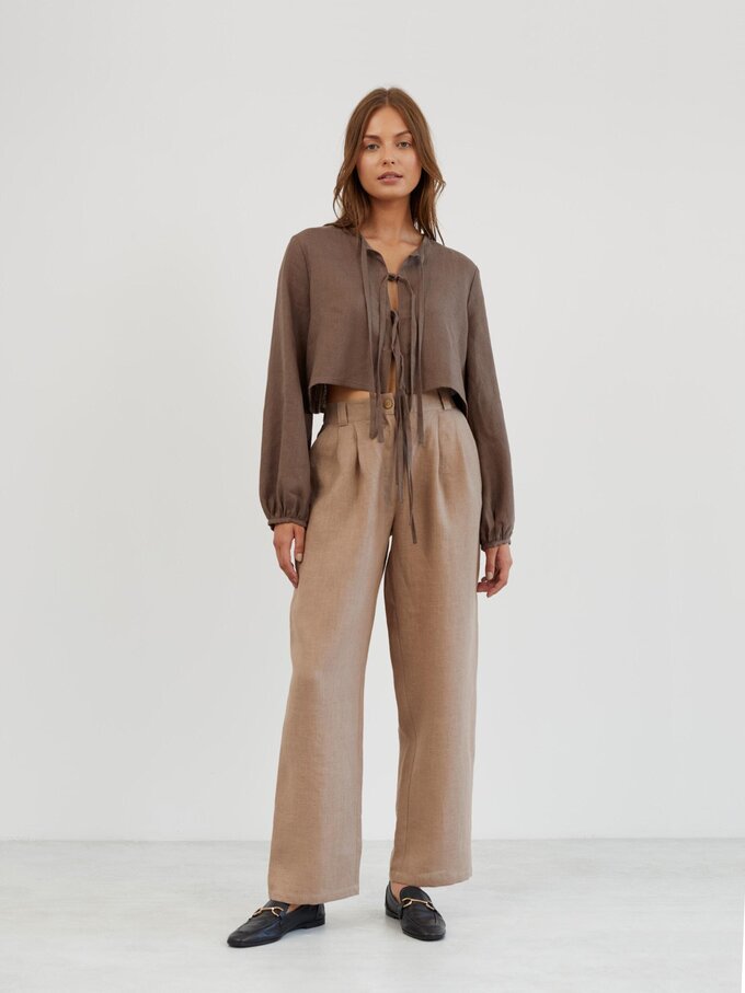 Image 2 of Long Sleeve Tie Front Linen Blouse in Cocoa KOA from ALBERALKIRK | Handmade Linen Clothing for Women