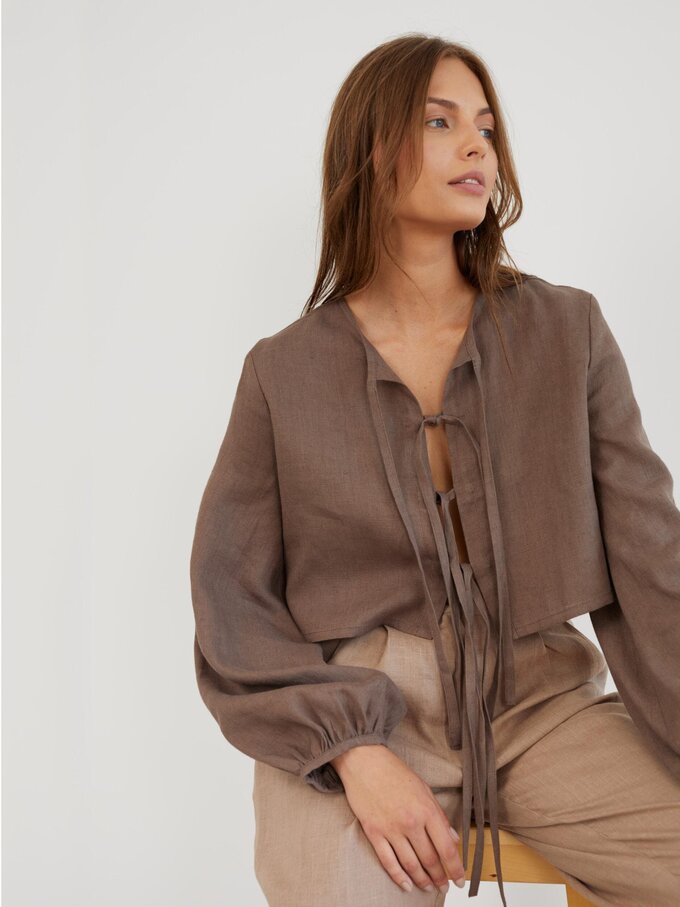 Image 3 of Long Sleeve Tie Front Linen Blouse in Cocoa KOA from ALBERALKIRK | Handmade Linen Clothing for Women