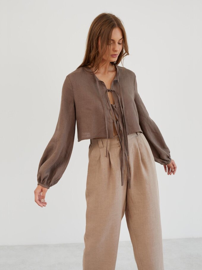 Image 5 of Long Sleeve Tie Front Linen Blouse in Cocoa KOA from ALBERALKIRK | Handmade Linen Clothing for Women