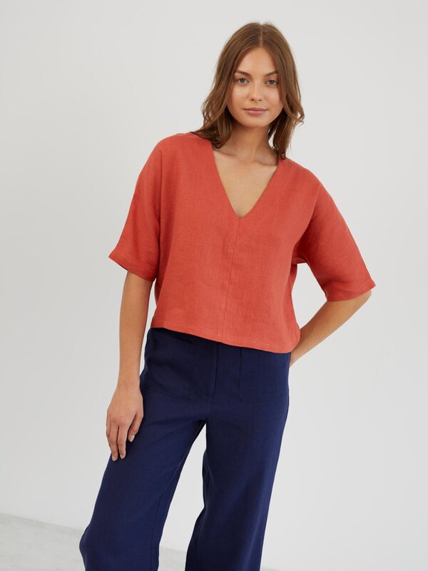 Image 1 of Linen Linen V Neck Blouse in Burnt Orange BRIANNA from ALBERALKIRK | Handmade Linen Clothing for Women
