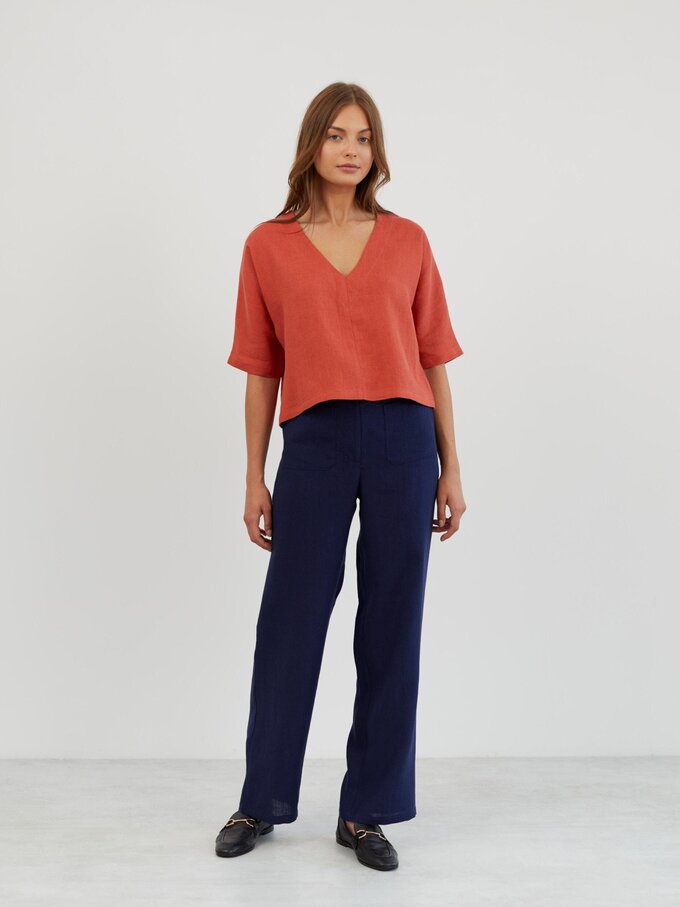 Image 2 of Linen Linen V Neck Blouse in Burnt Orange BRIANNA from ALBERALKIRK | Handmade Linen Clothing for Women