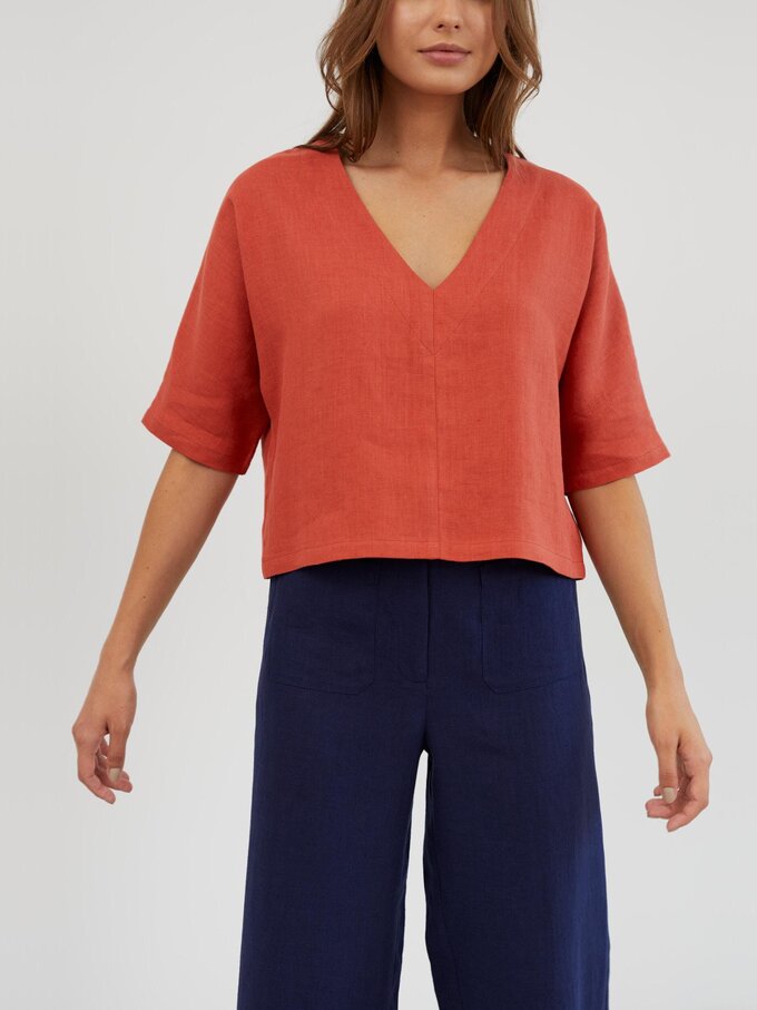 Image 3 of Linen Linen V Neck Blouse in Burnt Orange BRIANNA from ALBERALKIRK | Handmade Linen Clothing for Women
