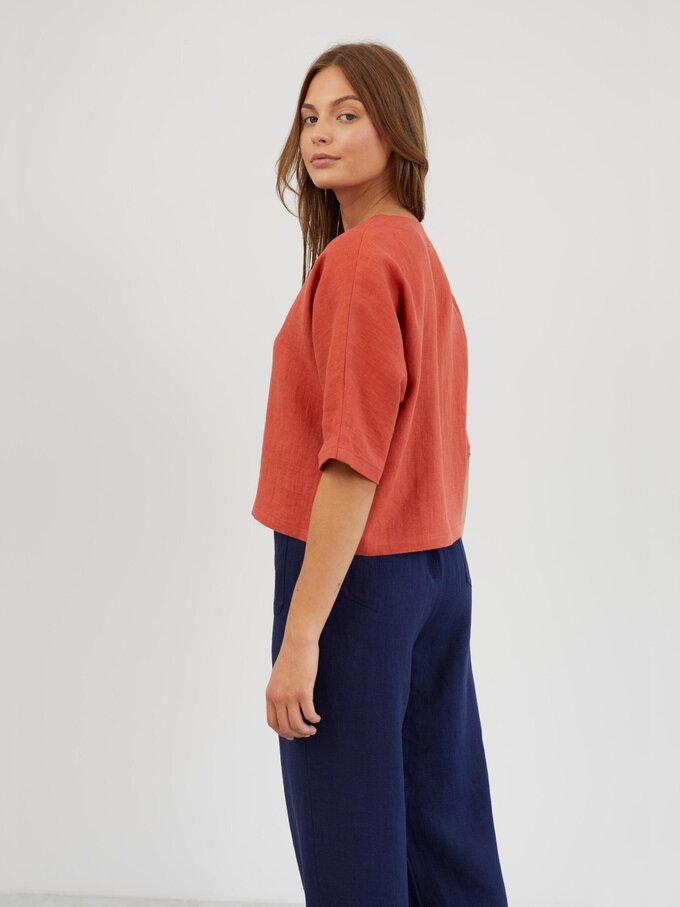Image 4 of Linen Linen V Neck Blouse in Burnt Orange BRIANNA from ALBERALKIRK | Handmade Linen Clothing for Women