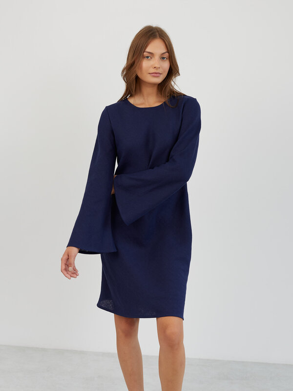 Image 1 of Bell Sleeve Short Linen Dress in Navy Blue LORELEI from ALBERALKIRK | Handmade Linen Clothing for Women