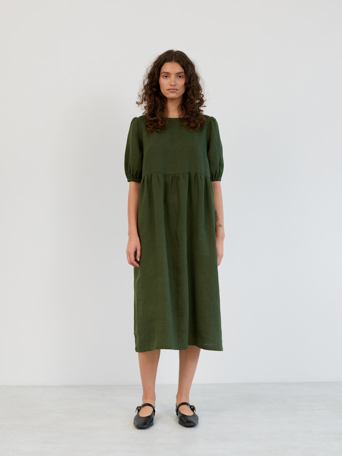 Image 2 of Linen Puff Sleeve Empire Waist Midi Dress in Forest Green ESME from ALBERALKIRK | Handmade Linen Clothing for Women