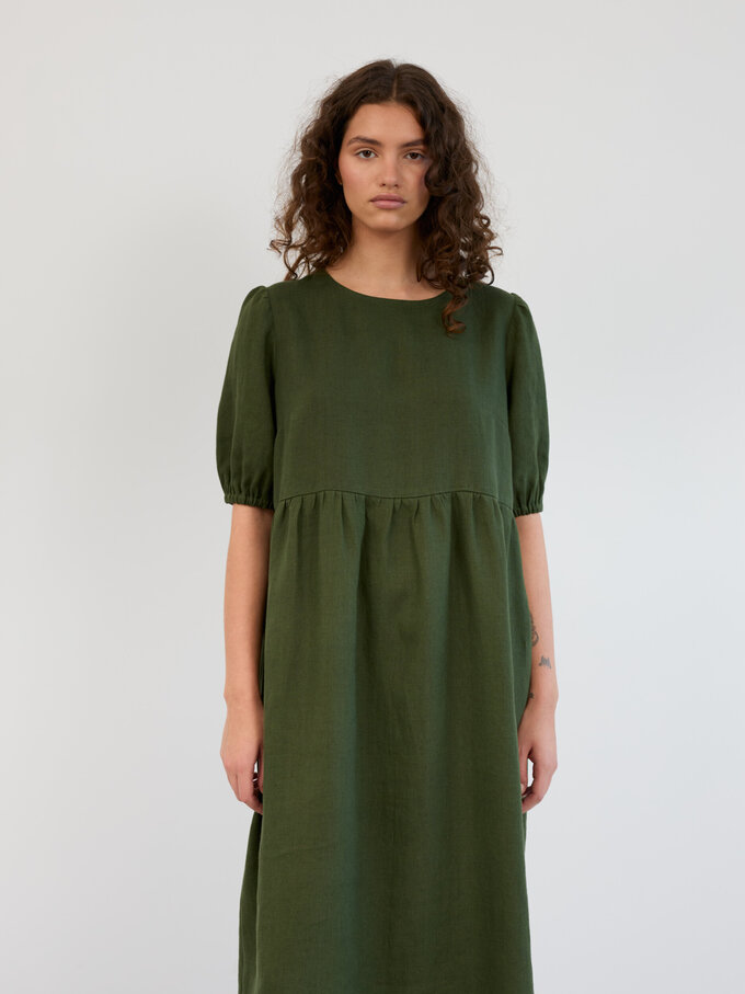 Image 3 of Linen Puff Sleeve Empire Waist Midi Dress in Forest Green ESME from ALBERALKIRK | Handmade Linen Clothing for Women