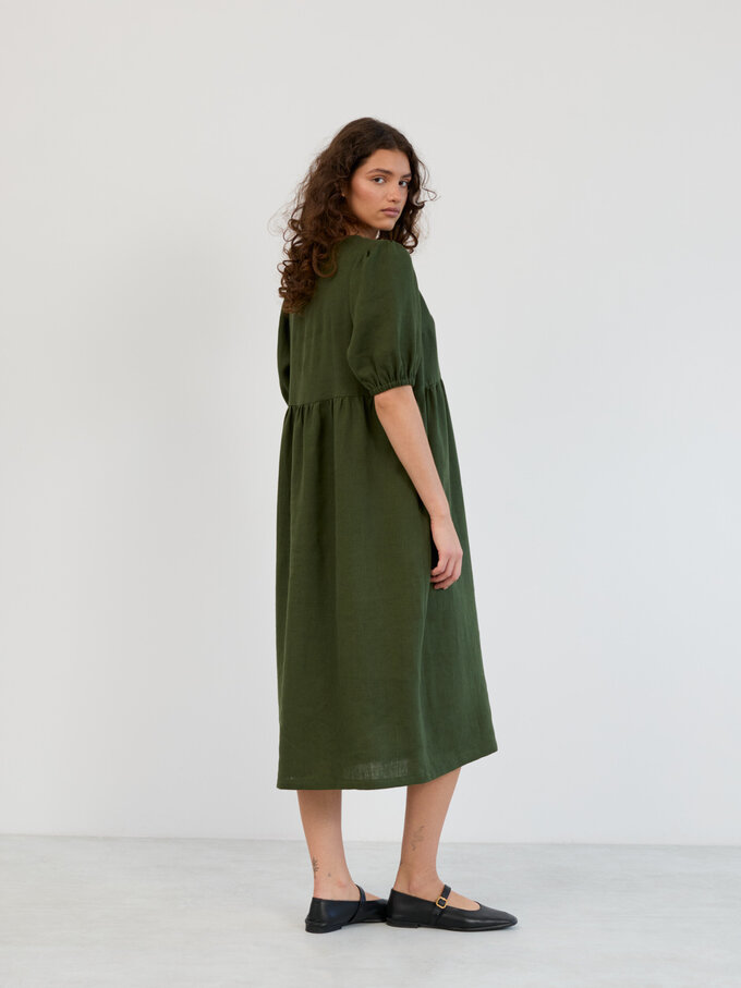Image 4 of Linen Puff Sleeve Empire Waist Midi Dress in Forest Green ESME from ALBERALKIRK | Handmade Linen Clothing for Women