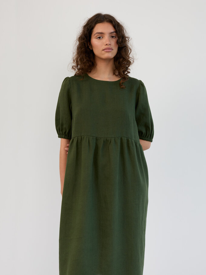 Image 5 of Linen Puff Sleeve Empire Waist Midi Dress in Forest Green ESME from ALBERALKIRK | Handmade Linen Clothing for Women