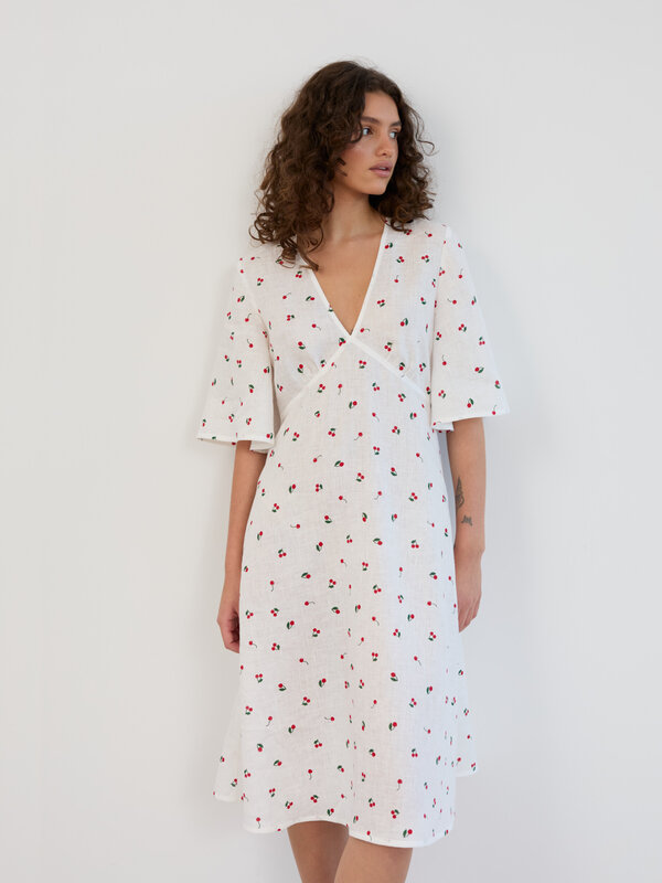 Image 1 of Linen Midi Dress with Short Bell Sleeves in Cherry Print VIVIEN from ALBERALKIRK | Handmade Linen Clothing for Women