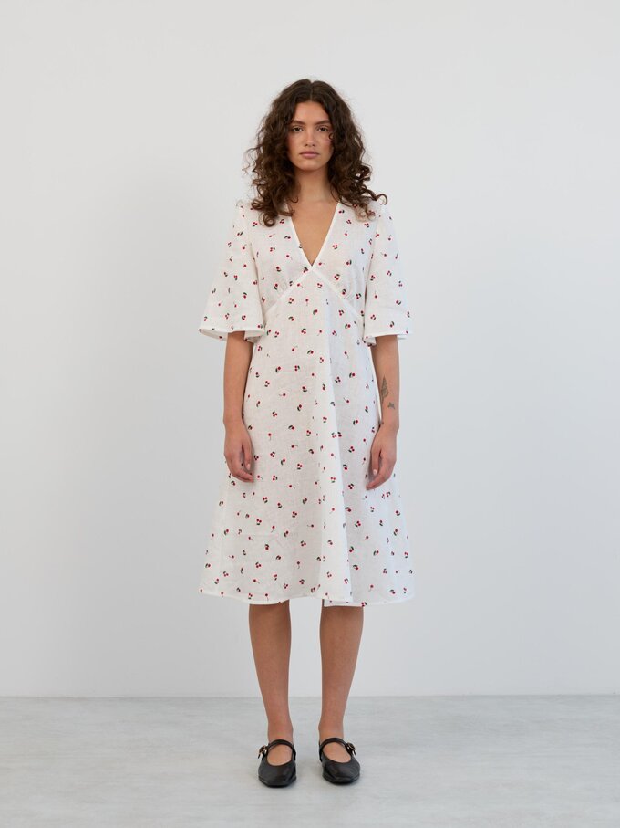 Image 2 of Linen Midi Dress with Short Bell Sleeves in Cherry Print VIVIEN from ALBERALKIRK | Handmade Linen Clothing for Women