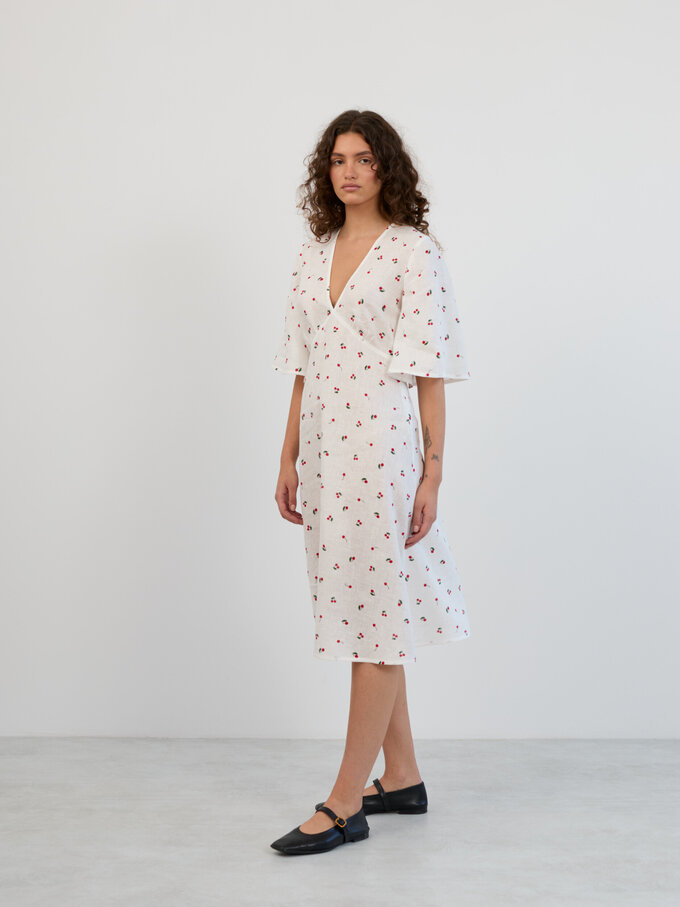 Image 3 of Linen Midi Dress with Short Bell Sleeves in Cherry Print VIVIEN from ALBERALKIRK | Handmade Linen Clothing for Women