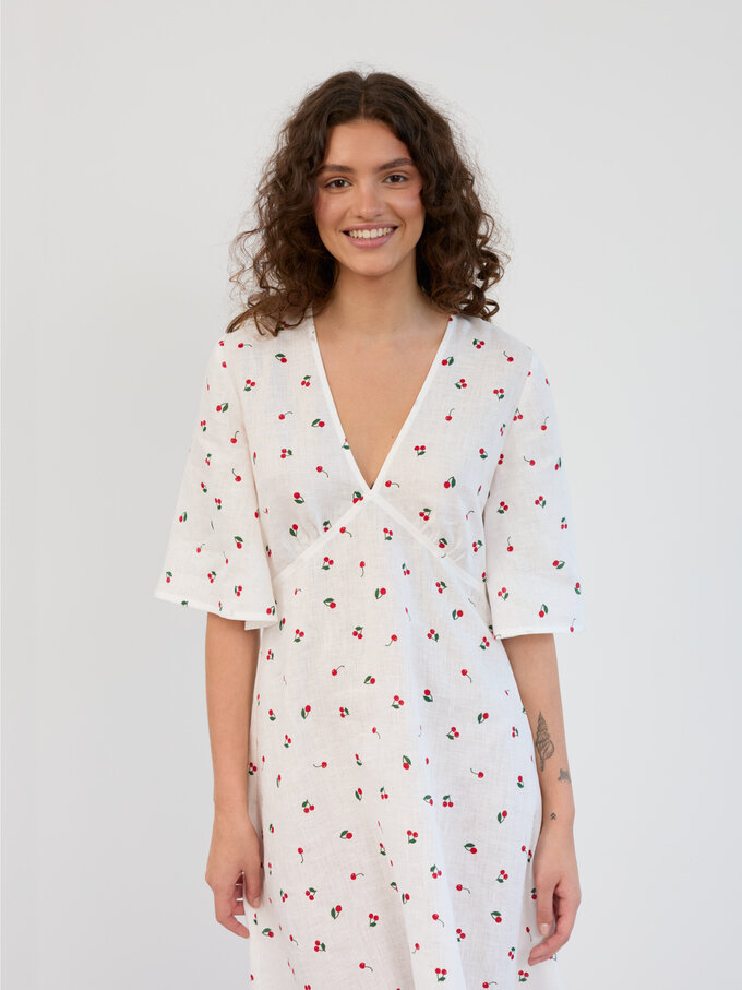 Image 4 of Linen Midi Dress with Short Bell Sleeves in Cherry Print VIVIEN from ALBERALKIRK | Handmade Linen Clothing for Women